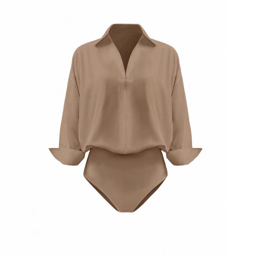 Damen Eleganter Hemdblusen-Body mit V-Ausschnitt, Oversize‑Schnitt und Umschlagmanschetten Shop Nory