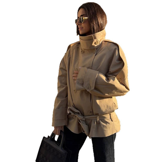 Damen Kurz-Trench mit hohem Stehkragen, doppelreihiger Knopfleiste & Taillengürtel Shop Nory