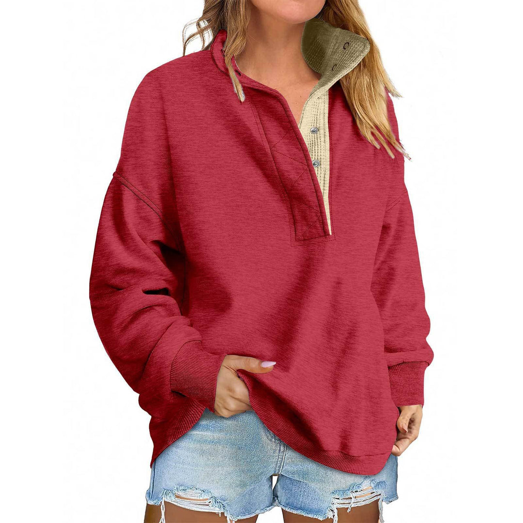Damen Oversize-Henley-Sweatshirt mit Stehkragen und Druckknopfleiste Shop Nory