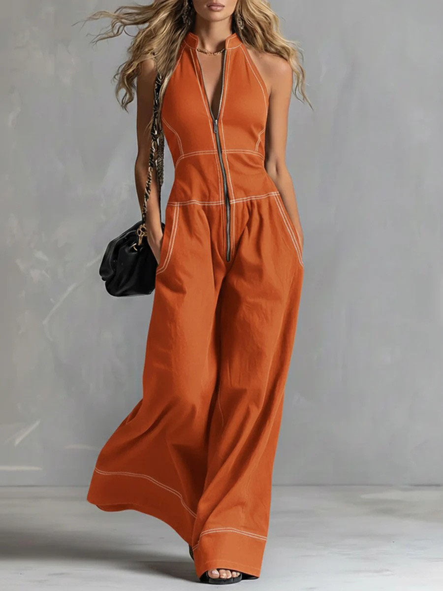 Damen Ärmelloser Halter-Jumpsuit mit Reißverschluss, weitem Bein und Eingrifftaschen Shop Nory