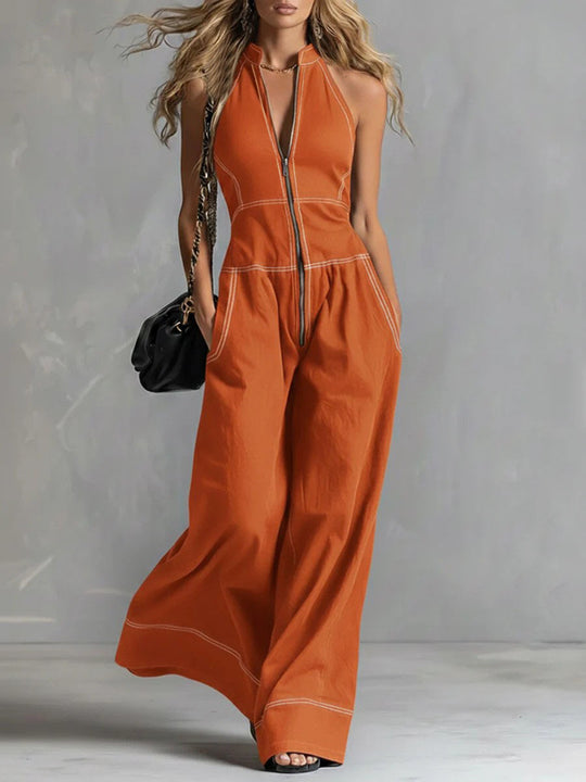 Damen Ärmelloser Halter-Jumpsuit mit Reißverschluss, weitem Bein und Eingrifftaschen Shop Nory