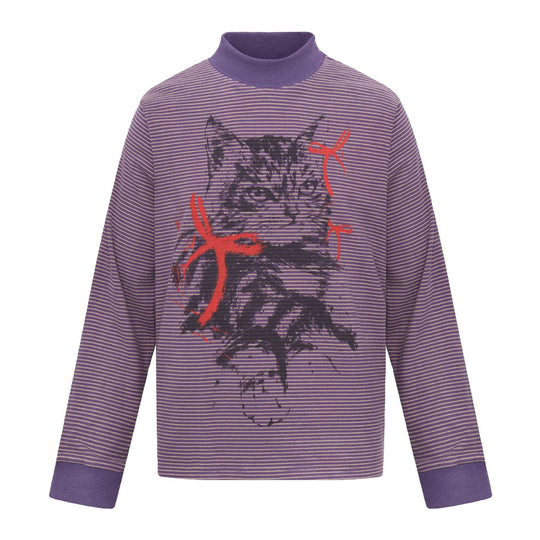 Unisex Gestreiftes Longsleeve mit Stehkragen, Oversize-Schnitt und Katzenprint Shop Nory