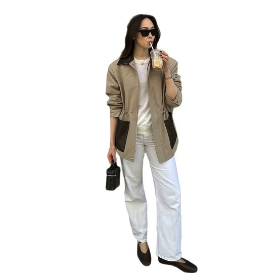 Damen Boxy-Fieldjacke mit kontrastkragen in Lederoptik und aufgesetzten Taschen Shop Nory