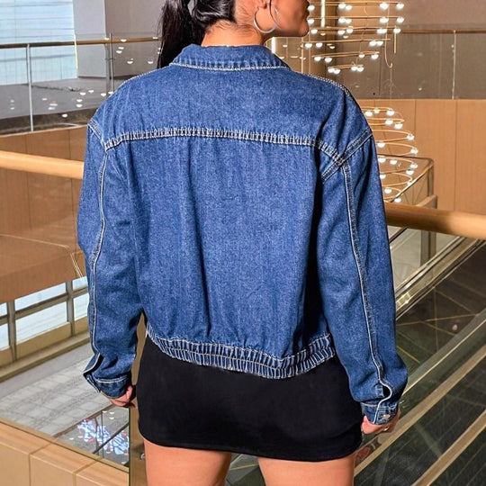 Damen Kurz geschnittene Cropped-Denimjacke mit elas­tischem Bund und Pattentaschen Shop Nory
