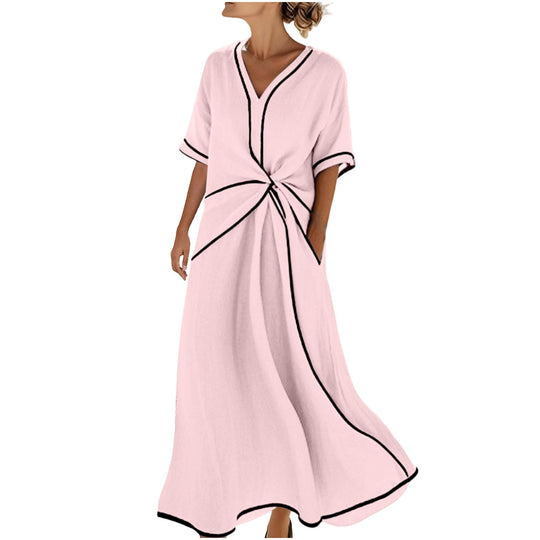 Damen Langes A-Linienkleid mit V‑Ausschnitt, Knoten-Detail und Kontrastpaspel Shop Nory