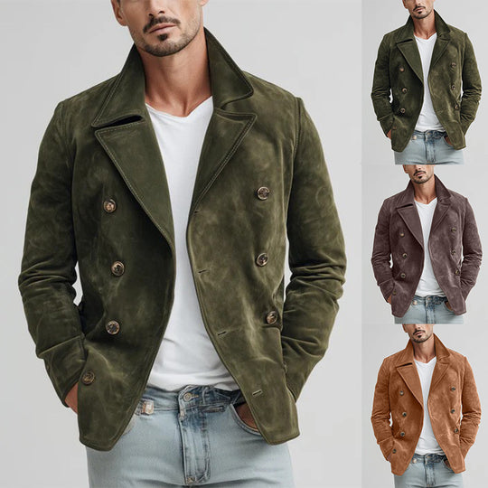 Herren Doppelreihige Velourslederjacke im Kurzmantel-Blouson mit markantem Revers Shop Nory