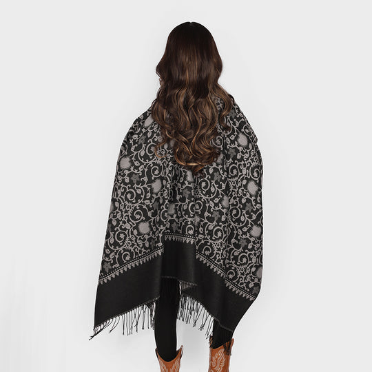 Damen Jacquard-Ruana mit ornamentalem Bordürenmuster und Fransensaum Shop Nory