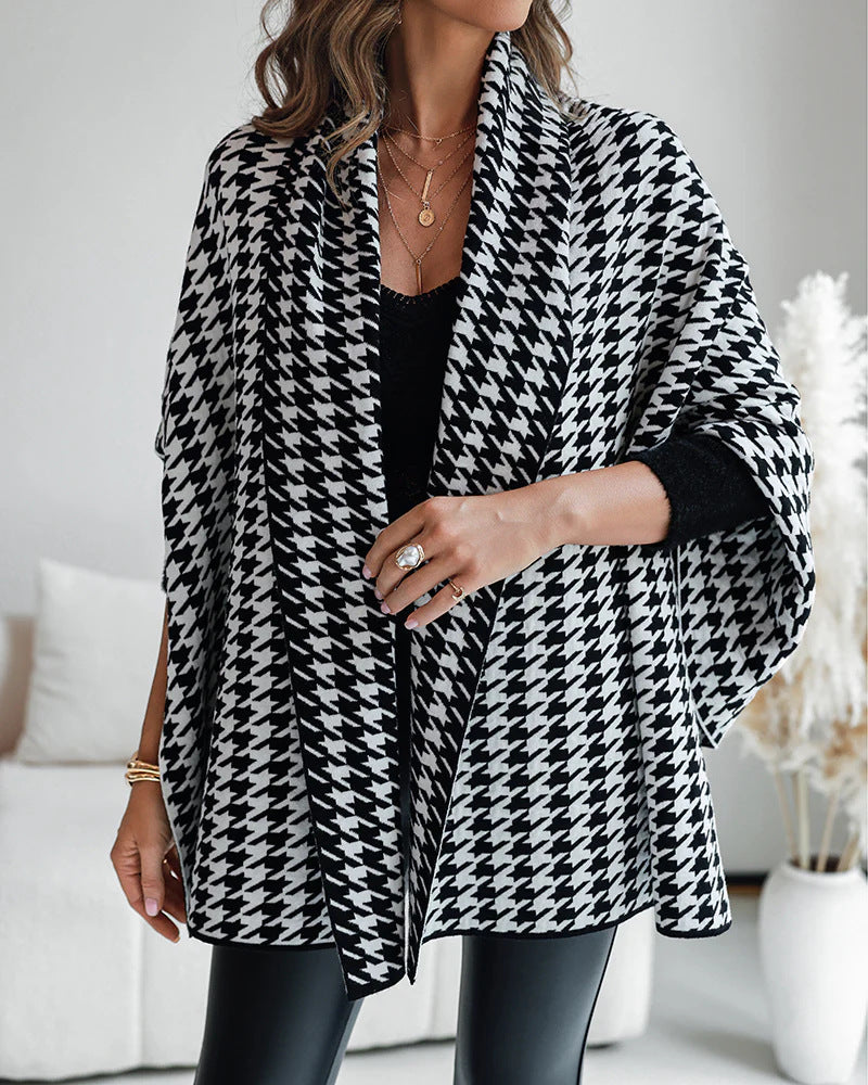 Damen Oversized Poncho mit Hahnentritt-Muster und offenem Schalkragen Shop Nory
