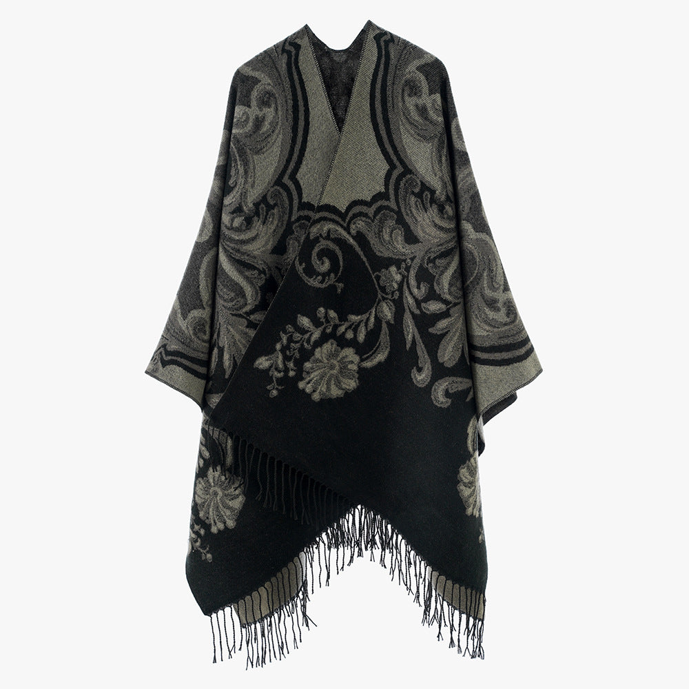 Damen Barock‑Jacquard Cape mit asymmetrischem Zipfelsaum und Fransen Shop Nory