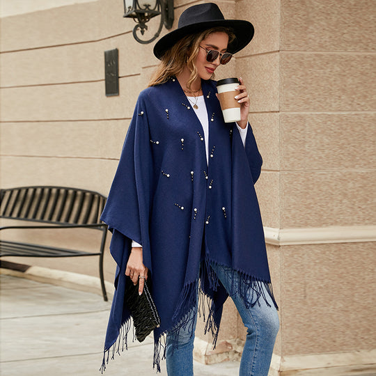 Damen Eleganter bestickter Wollmix-Poncho‑Cape mit Perlenbesatz Shop Nory