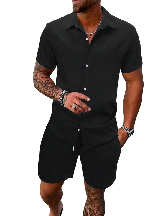 Herren nan luftiges Kurzarm-Hemd mit offenem Revers und passender Freizeishorts aus strukturierter Baumwollmischung Shopnory