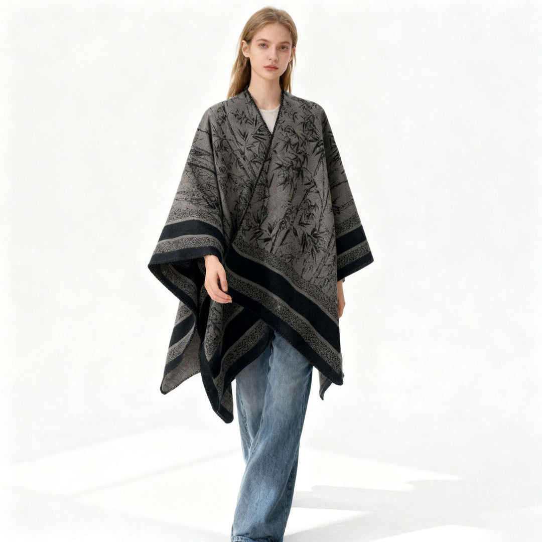 Damen Jacquard‑Poncho im Cape‑Stil mit Bambusmotiv und offener Vorderseite Shop Nory