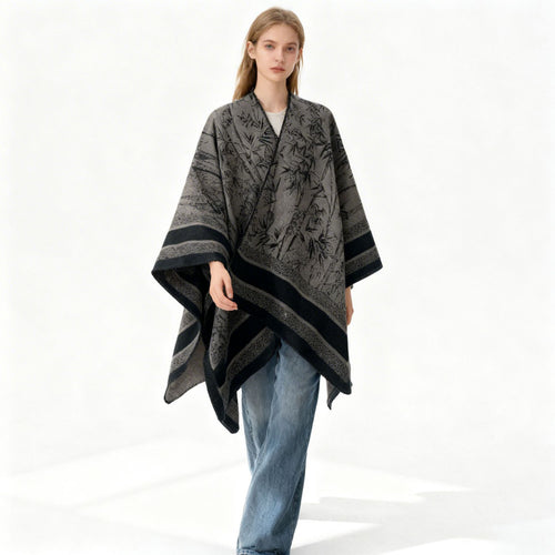 Damen Jacquard‑Poncho im Cape‑Stil mit Bambusmotiv und offener Vorderseite Shop Nory