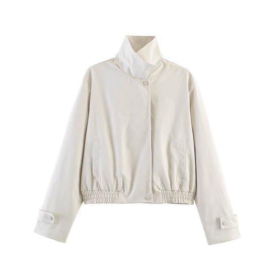 Damen Kurz geschnittene minimalistische Blousonjacke aus weichem Vegan‑Leder mit Umlegekragen und elastischem Saum Shop Nory