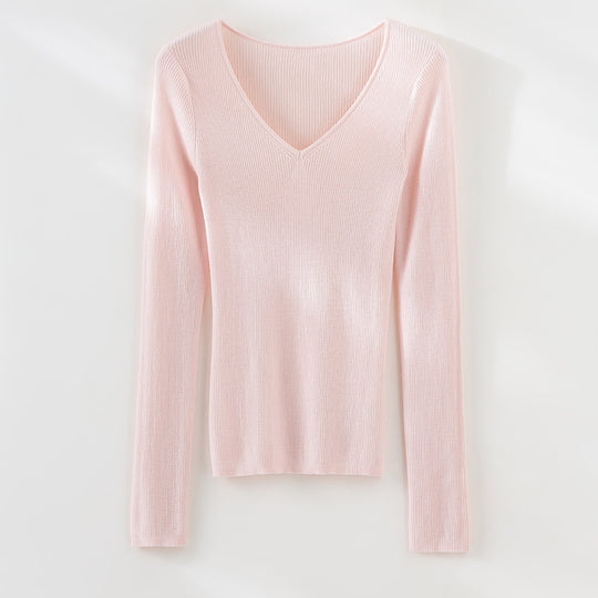 Damen Feiner Rippenstrickpullover mit tiefem V-Ausschnitt und taillierter Passform Shop Nory