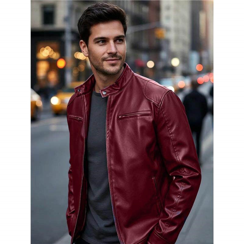 Herren Biker‑Style Kunstlederjacke mit Stehkragen und Reißverschlusstaschen Shop Nory