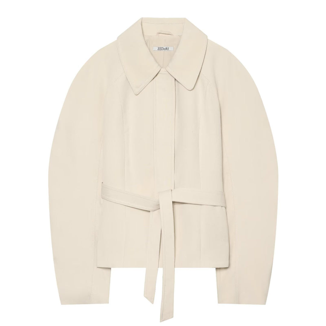 Damen Cropped Jacke im minimalistischen Trenchstil mit breitem Hemdkragen und Bindegürtel Shop Nory