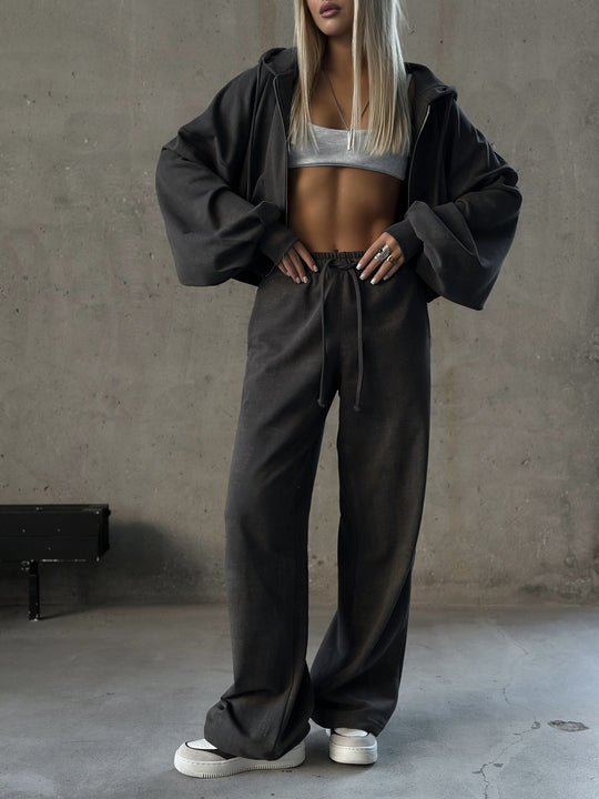 Damen Cropped-Zip-Hoodie und weite High-Waist-Loungehose Zweiteiler Shop Nory