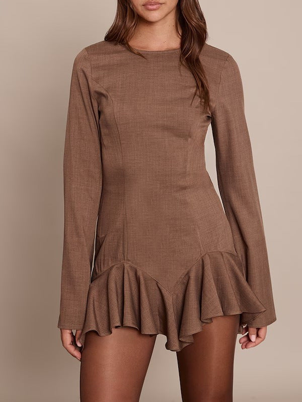 Damen Figurbetontes Langarm-Minikleid mit taillierten Nähten und Volant-Saum Shop Nory