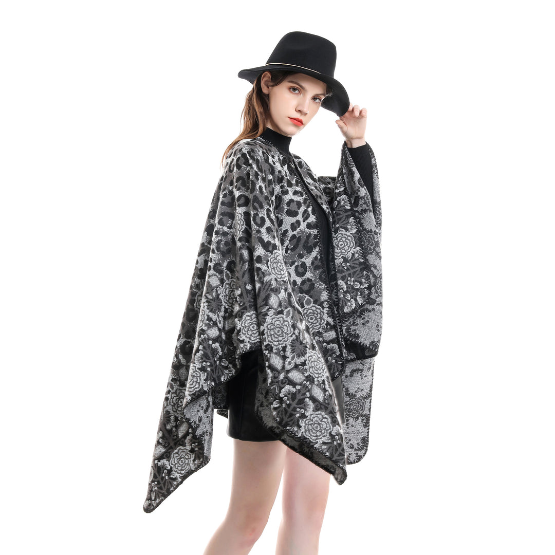 Damen Jacquard-Überwurfponcho im kastigen Kimono-Fall mit floral-animalischem Muster Shop Nory