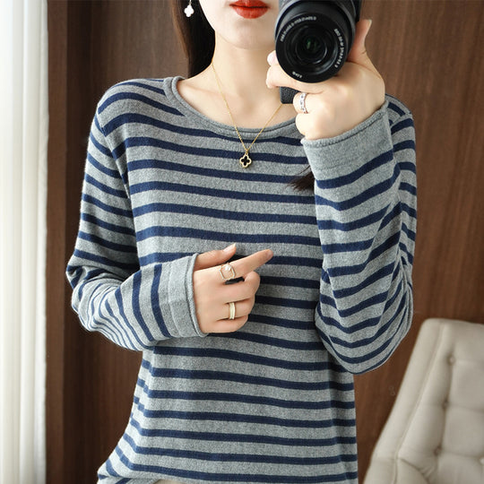 Damen Maritim inspirierter Baumwoll-Feinstrickpullover mit Streifen und leicht kastiger Silhouette Shop Nory