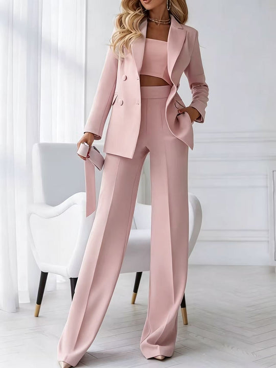 Damen Zweiteiliger Business-Hosenanzug mit tailliertem Zweireiherblazer und High-Waist Palazzo-Hose Shop Nory