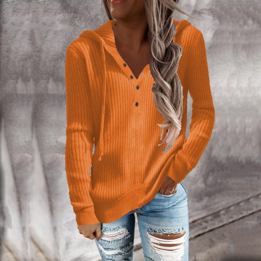 Damen Lässiger gerippter Hoodie-Pullover mit Henley-Knopfleiste und Tunnelzug Shop Nory