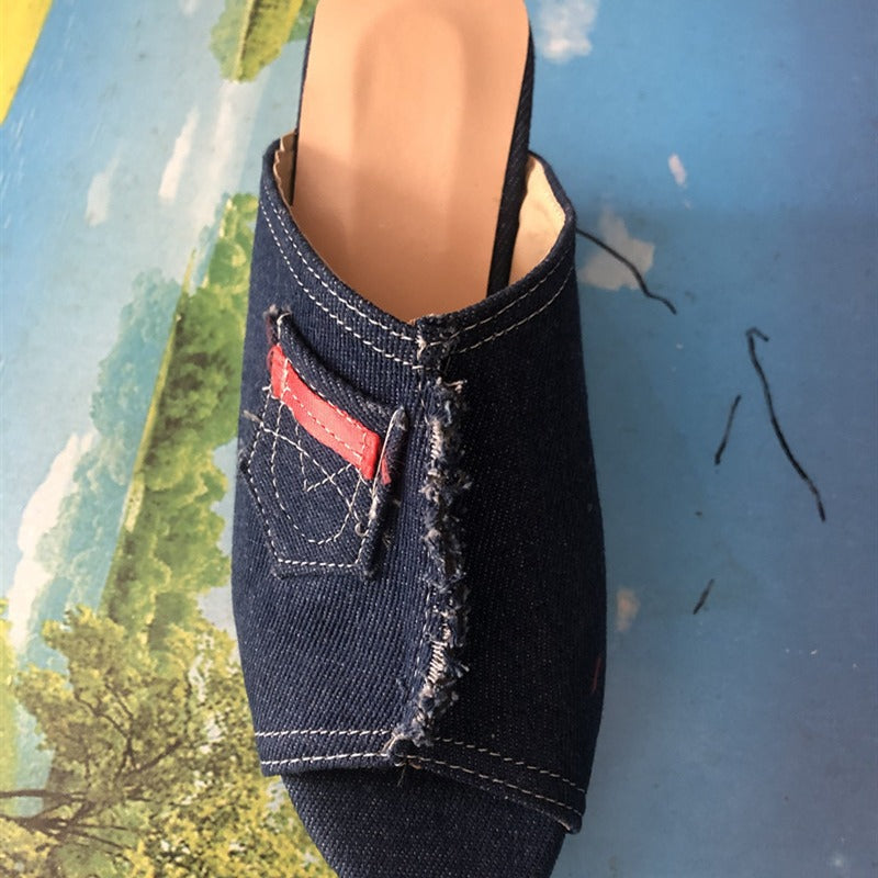 Damen Wedge-Pantoletten aus Denim mit modischem Fransen-Design