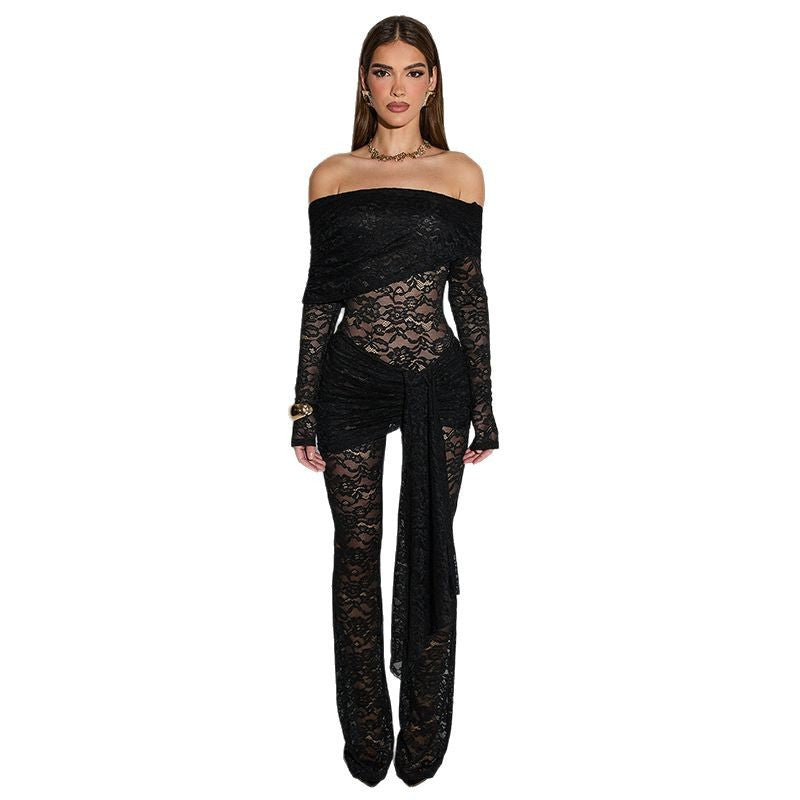 Damen Elegantes Spitzen-Jumpsuit mit schulterfreiem Design und Wickeleffekt
