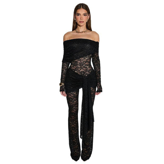 Damen Elegantes Spitzen-Jumpsuit mit schulterfreiem Design und Wickeleffekt