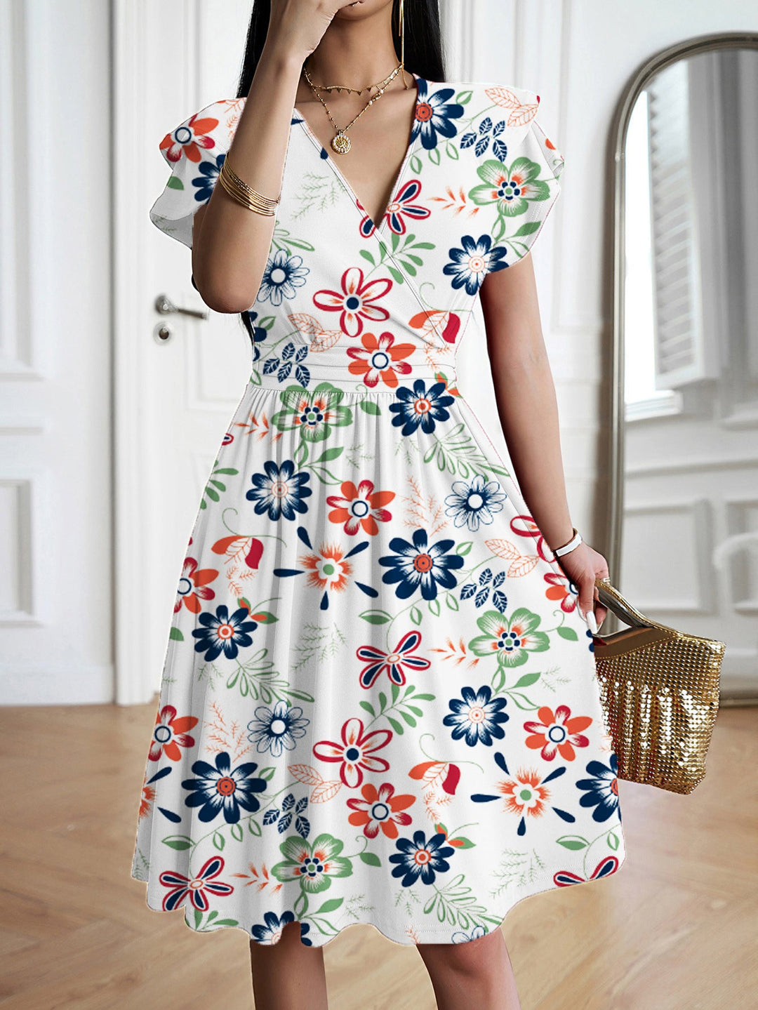 Damen Wickelkleid mit voluminösen Ärmeln und femininem V-Ausschnitt