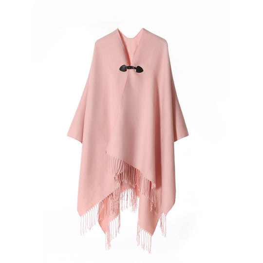 Damen Leichter Wasserfall‑Poncho mit Knebelverschluss, asymmetrischem Saum und Fransenkante Shop Nory