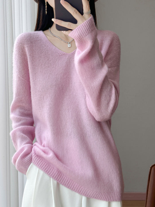 Damen Oversize-Feinstrickpullover mit feinem V-Ausschnitt und verlängertem Ärmelabschlusst Shop Nory