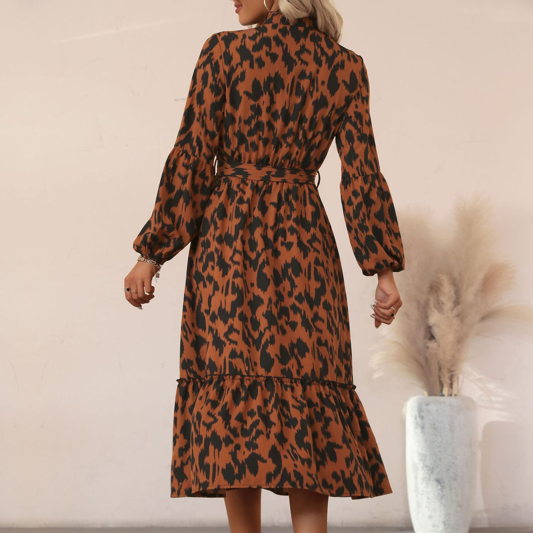Damen Midikleid mit Animal-Print, Knopfleiste, Taillengürtel und Stufenrock Shop Nory