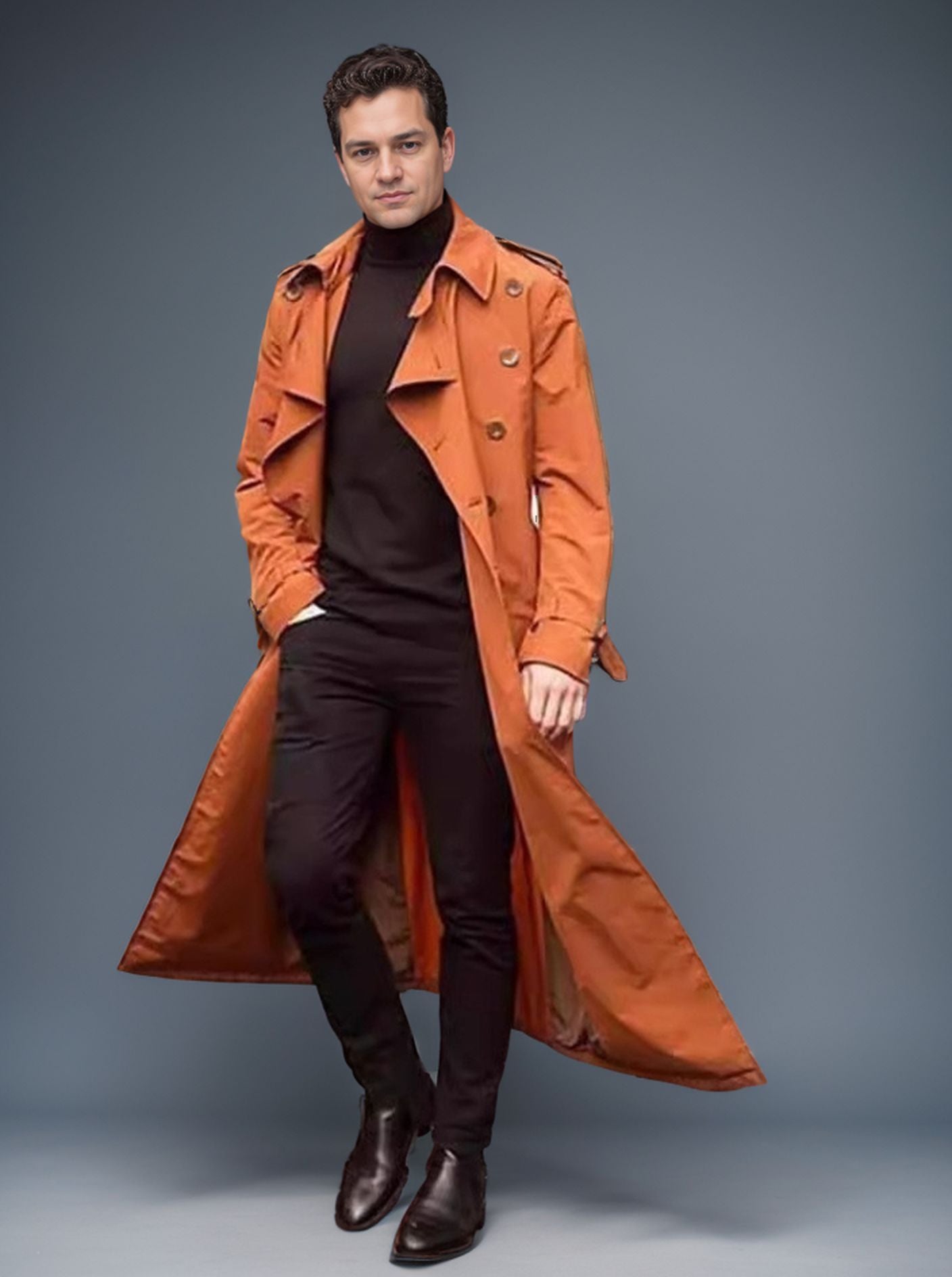 Herren langer Trenchcoat mit modernem Schnitt und praktischen Taschen