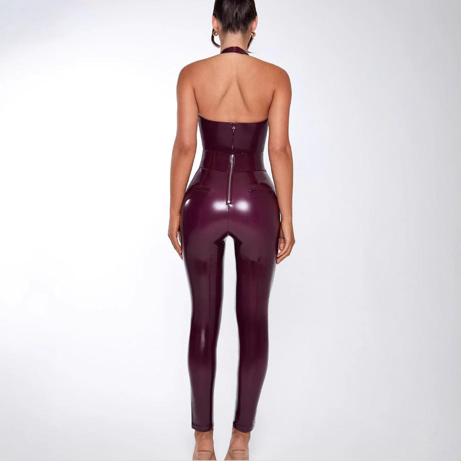 Damen Körperbetontes Jumpsuit aus glanzvollem Material mit tiefem V-Ausschnitt und schlankem Schnitt