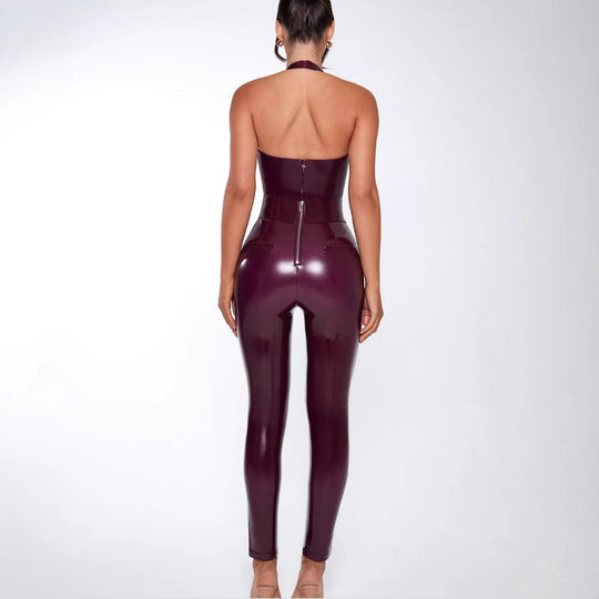 Damen Körperbetontes Jumpsuit aus glanzvollem Material mit tiefem V-Ausschnitt und schlankem Schnitt