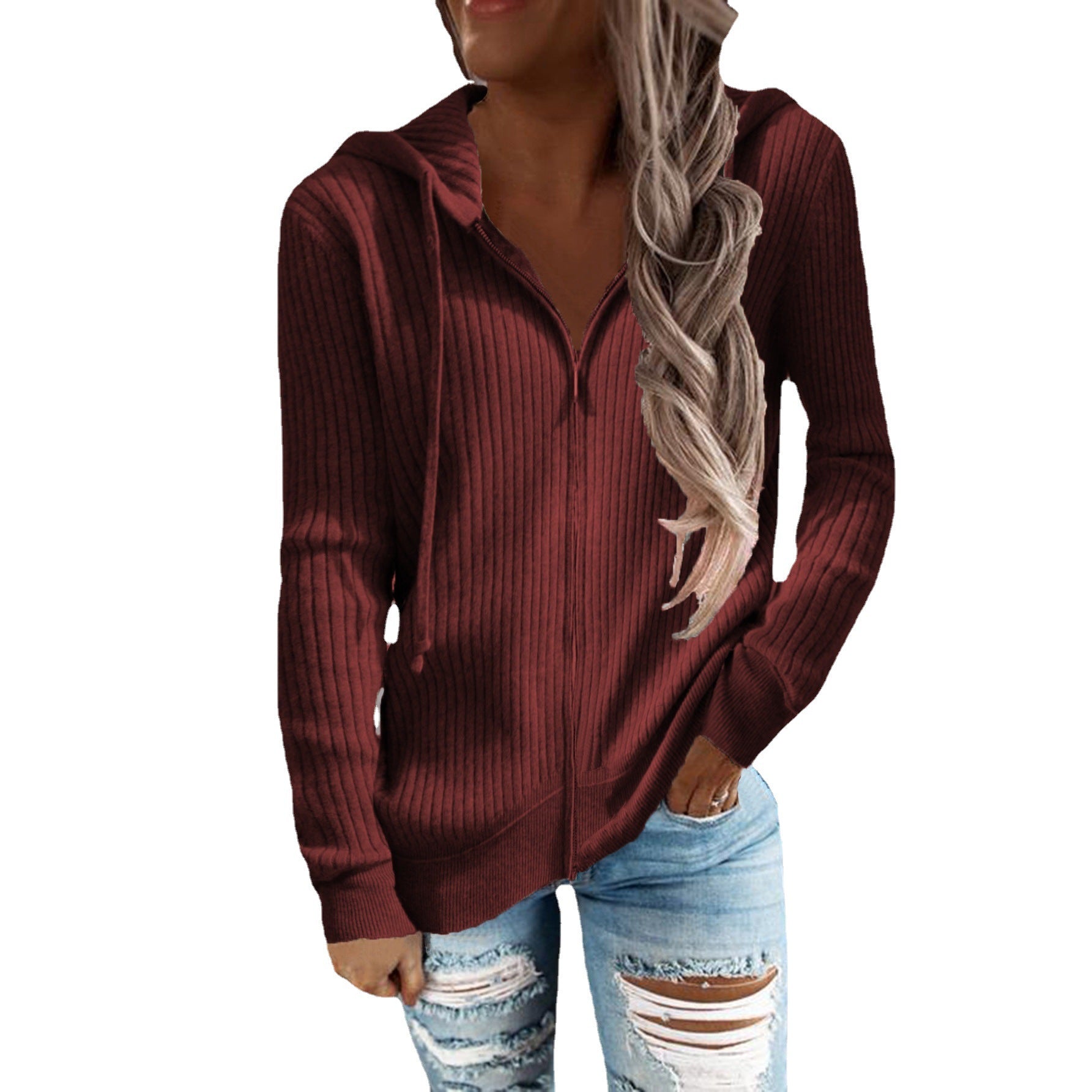 Damen Kapuzenjacke im modernen Rippenstrickdesign mit Taschen