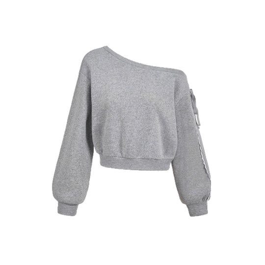 Damen Kurzgeschnittenes One-Shoulder Sweatshirt mit Ballonärmeln und Schnürdetail Shop Nory