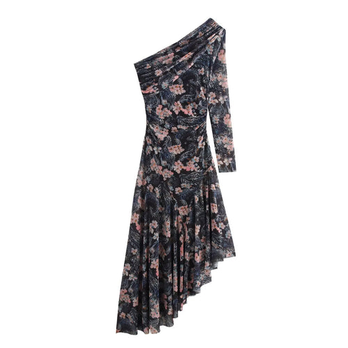 Damen Asymmetrisches One-Shoulder Kleid mit langem Ärmel und Stufenrock Shop Nory