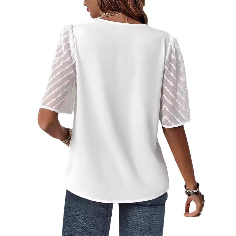 Damen nan elegantes Chiffon-Oberteil mit plissierter V-Passe und transparenten Zickzackärmeln