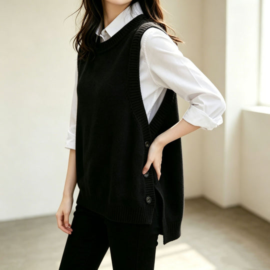 Damen Strickweste mit seitlichen Knopfleisten und Rundhalsausschnitt Shop Nory