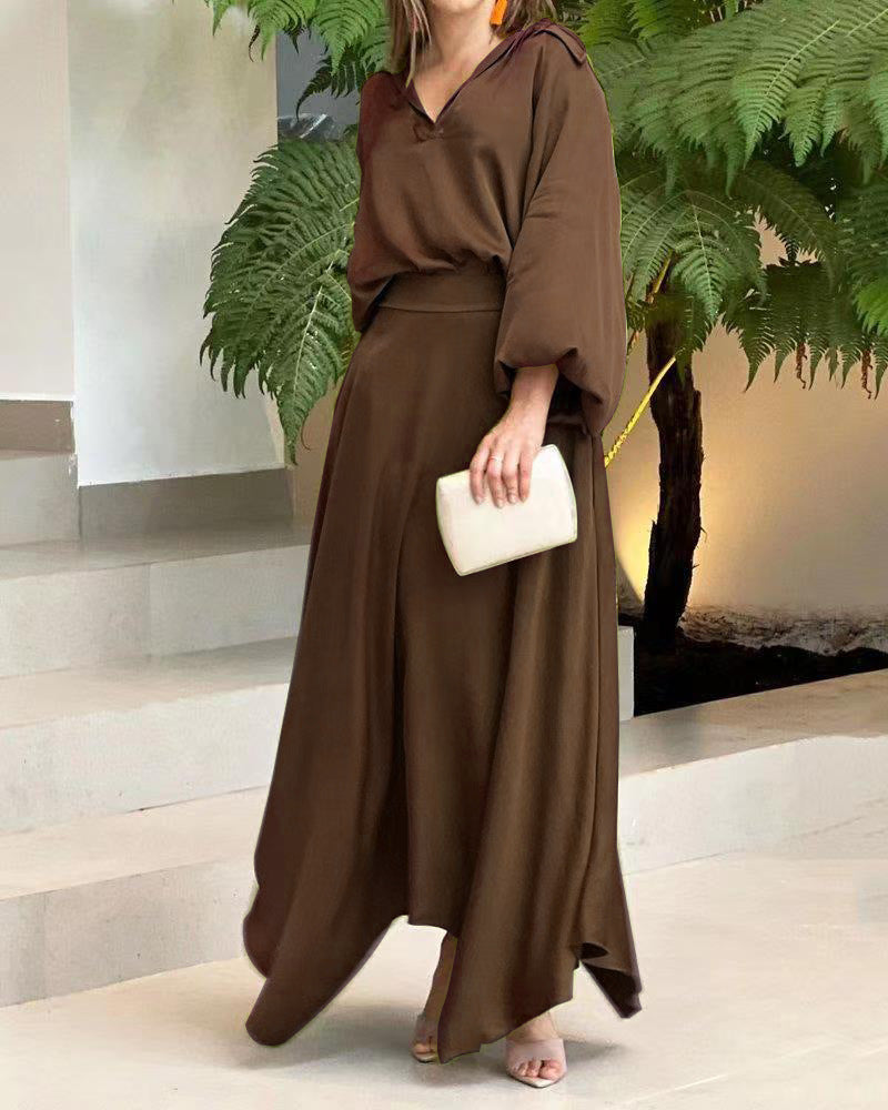 Damen Elegantes Maxikleid mit Kapuzen‑V‑Ausschnitt, Ballonärmeln und fließendem Saum Shop Nory