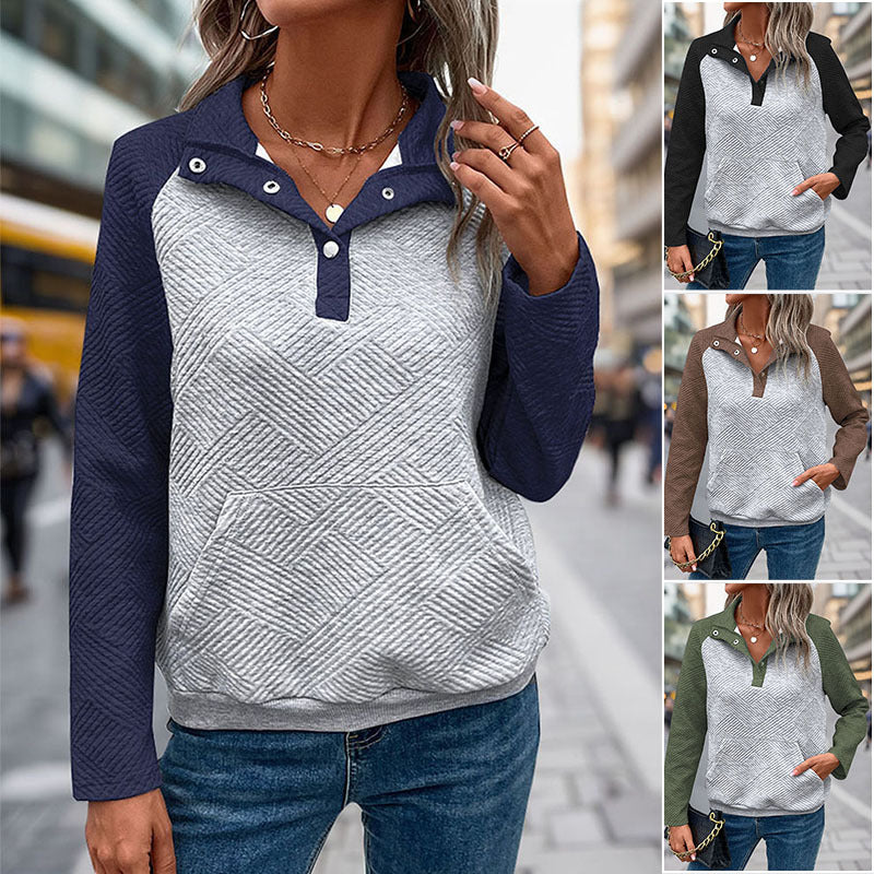 Damen Stepp-Sweatshirt mit Henley-Knopfleiste, Kängurutasche und kontrastierenden Raglanärmeln Shop Nory