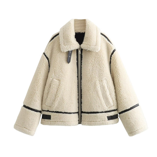 Damen Oversize-Teddyjacke im Aviator-Stil mit Kunstleder-Paspel, Stehkragen und Reißverschluss Shop Nory