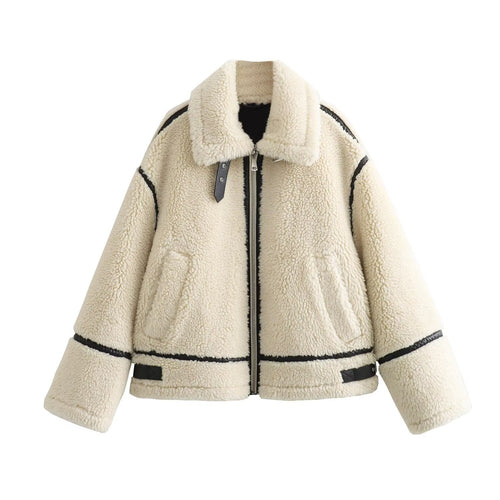 Damen Oversize-Teddyjacke im Aviator-Stil mit Kunstleder-Paspel, Stehkragen und Reißverschluss Shop Nory