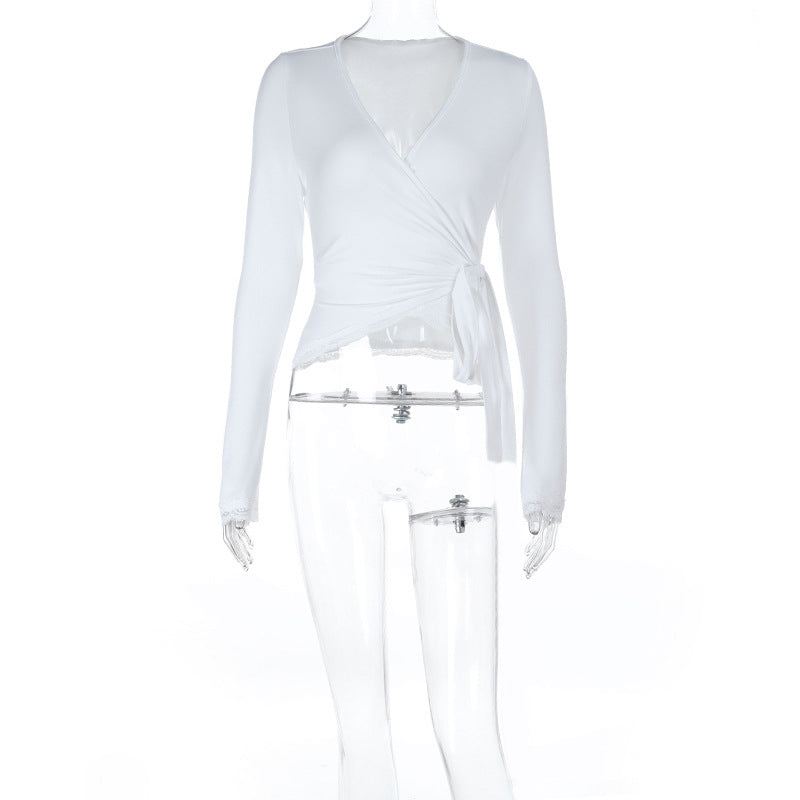 Damen Figurbetonte Wickelbluse aus Stretchjersey mit Spitzenbesatz Shop Nory