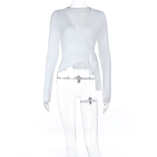 Damen Figurbetonte Wickelbluse aus Stretchjersey mit Spitzenbesatz Shop Nory