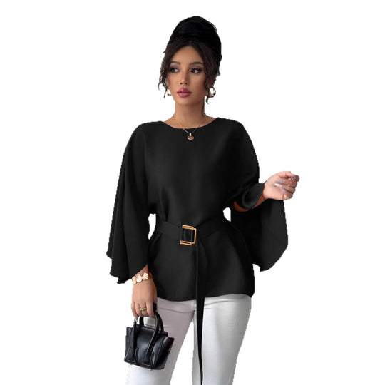 Damen Elegante Chiffon-Tunika mit Cape-Ärmeln und Taillengürtel Shop Nory