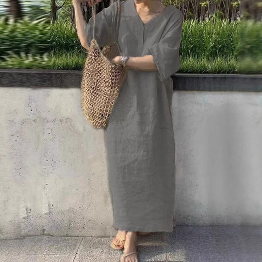 Damen Lässiges Leinen-Maxikleid mit V-Ausschnitt und Oversize-Relax-Fit Shop Nory